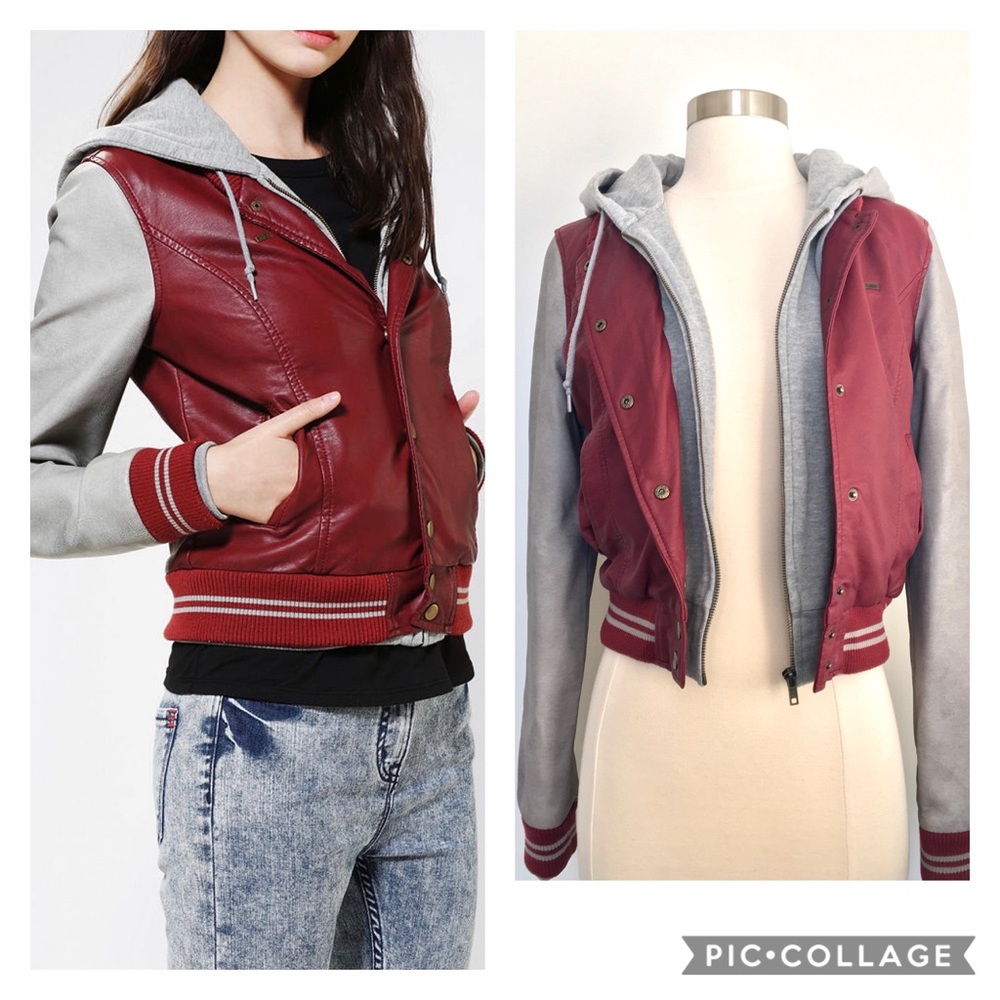 Faux Leather Moto Bomber Jacket Hoodie Red Grey
